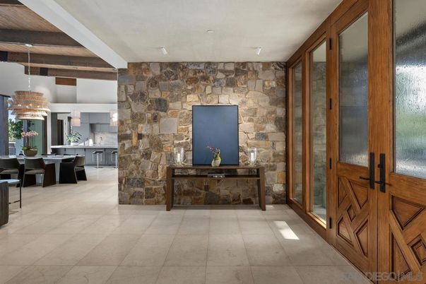Chandelier, Dining room, Interior, Kitchen, Recessed Lighting, Stone Walls, Wooden Beams