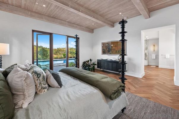 Bedroom, Interior, Recessed Lighting, Water, Wooden Beams, Wooden Ceilings, Wood Texture Flooring