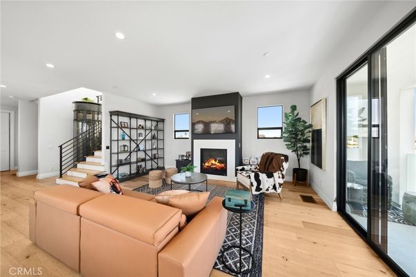 Fireplace, Interior, Living room, Recessed Lighting, Wood Texture Flooring