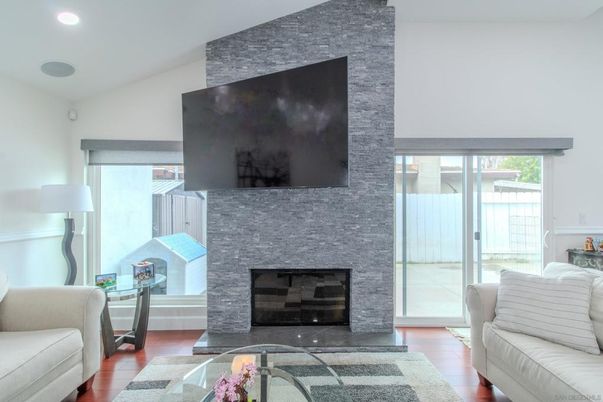 Fireplace, Interior, Recessed Lighting, Wood Texture Flooring