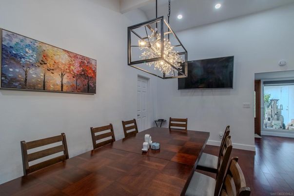 Dining room, Interior, Pendant Lights, Recessed Lighting, Wood Texture Flooring