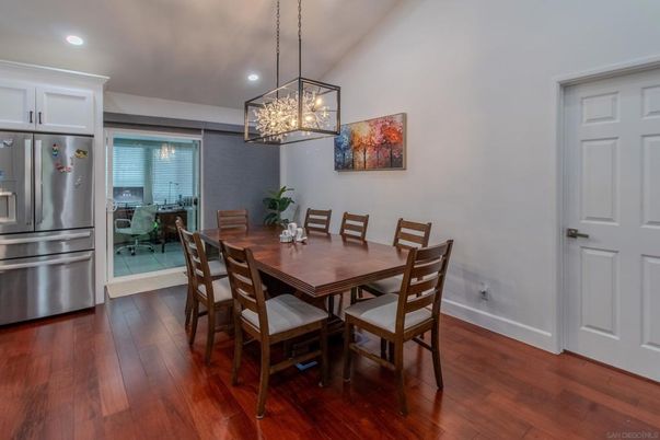 Dining room, Interior, Pendant Lights, Recessed Lighting, Wood Texture Flooring