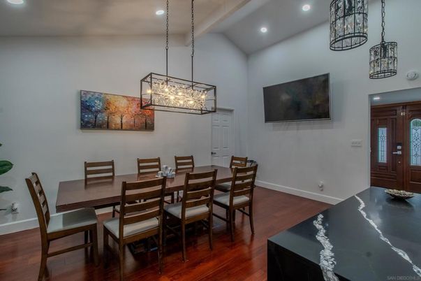 Dining room, Interior, Pendant Lights, Recessed Lighting, Wood Texture Flooring