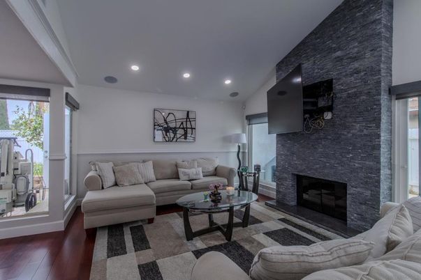 Fireplace, Interior, Living room, Recessed Lighting, Wood Texture Flooring
