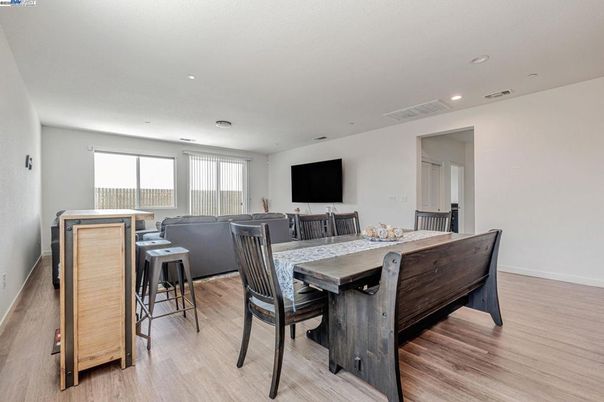 Dining room, Interior, Living room, Recessed Lighting, Wood Texture Flooring
