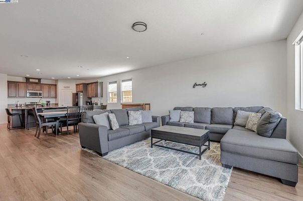 Dining room, Interior, Kitchen, Living room, Recessed Lighting, Wood Texture Flooring