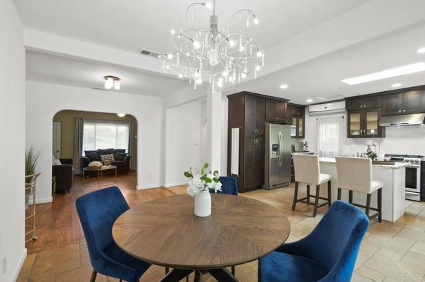 Chandelier, Dining room, Interior, Kitchen, Living room, Recessed Lighting, Stainless Steel Appliances