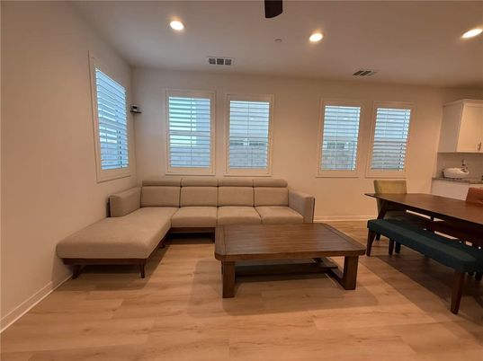 Dining room, Interior, Living room, Recessed Lighting, Wood Texture Flooring