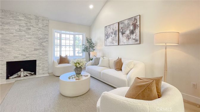 Fireplace, Interior, Living room, Recessed Lighting, Stone Walls, Wood Texture Flooring
