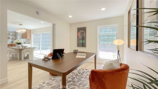 Chandelier, Home Office, Interior, Recessed Lighting, Wood Texture Flooring