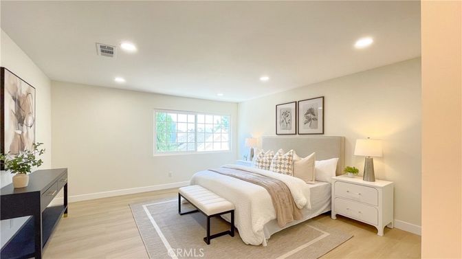 Bedroom, Interior, Recessed Lighting, Wood Texture Flooring