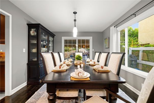 Dining room, Interior, Pendant Lights, Wood Texture Flooring