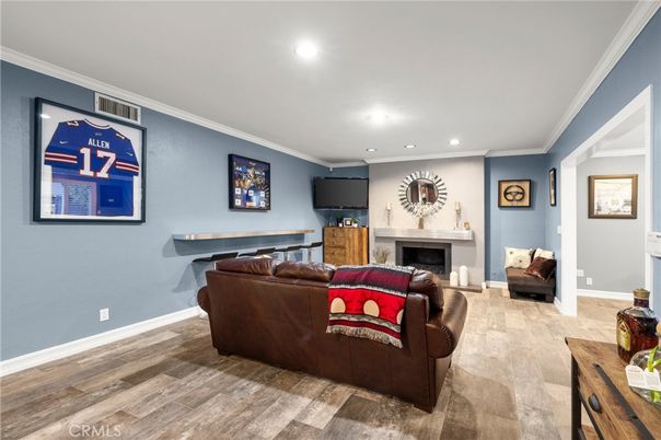 Fireplace, Interior, Living room, Recessed Lighting, Wood Texture Flooring