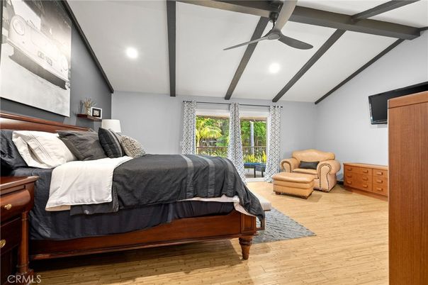 Bedroom, Interior, Recessed Lighting, Wooden Beams, Wood Texture Flooring