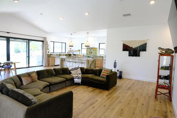 Interior, Kitchen, Living room, Pendant Lights, Recessed Lighting, Wood Texture Flooring