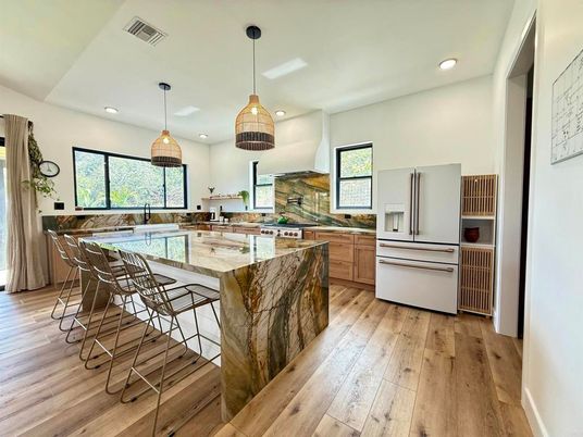 Interior, Kitchen, Pendant Lights, Recessed Lighting, Wood Texture Flooring