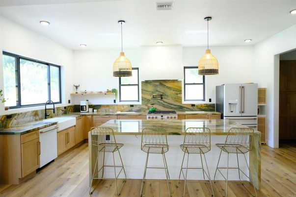 Interior, Kitchen, Pendant Lights, Recessed Lighting, Wood Texture Flooring
