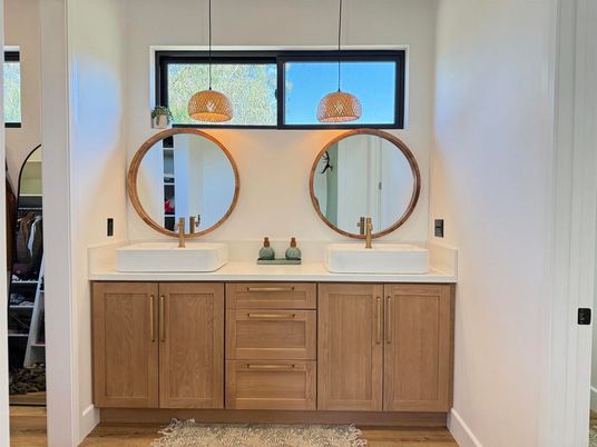 Bathroom, Dual Sink Vanities, Interior, Pendant Lights, Wood Texture Flooring