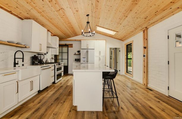 Interior, Kitchen, Pendant Lights, Wooden Ceilings, Wood Texture Flooring