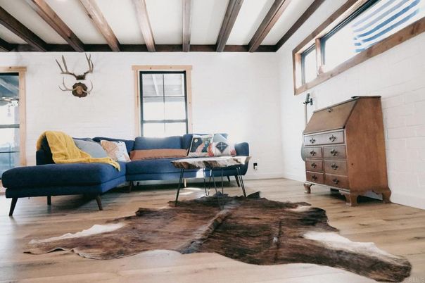Home Office, Interior, Stone Walls, Wooden Beams, Wood Texture Flooring