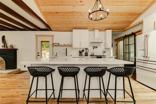 Interior, Kitchen, Pendant Lights, Wooden Ceilings, Wood Texture Flooring