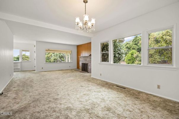 Chandelier, Empty room, Fireplace, Interior