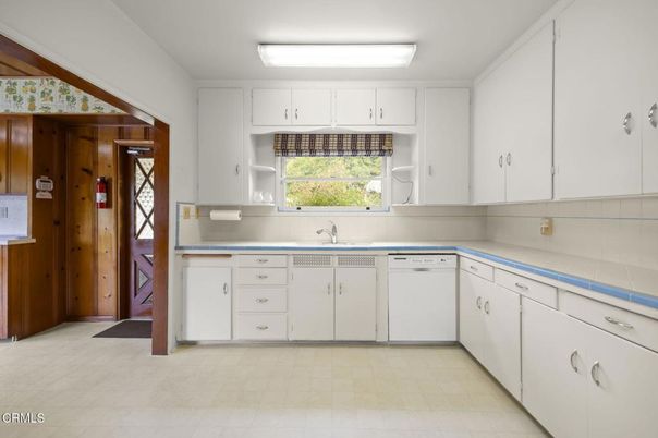 Interior, Kitchen, Tile Countertops, Wooden Walls