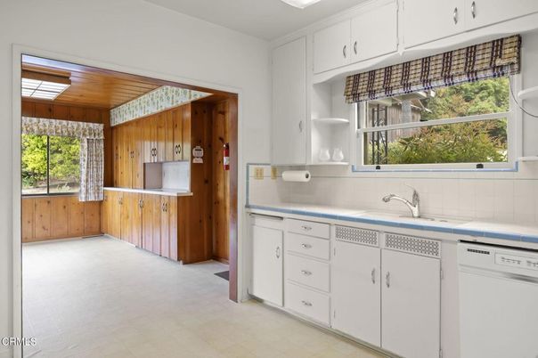 Interior, Kitchen, Tile Countertops, Wooden Ceilings, Wooden Walls