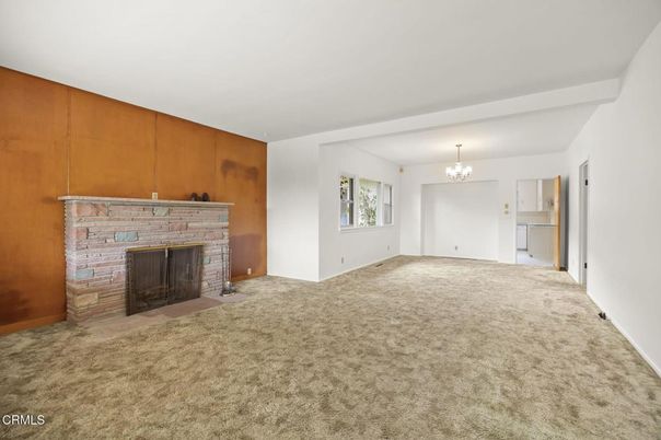 Chandelier, Empty room, Fireplace, Interior