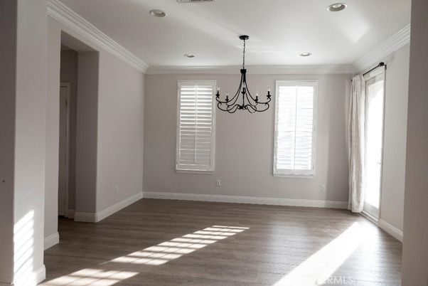 Chandelier, Empty room, Interior, Recessed Lighting, Wood Texture Flooring