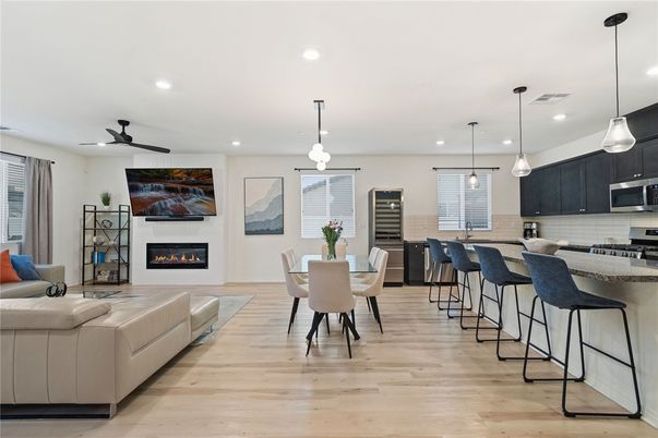 Dining room, Fireplace, Interior, Kitchen, Living room, Pendant Lights, Recessed Lighting, Wood Texture Flooring