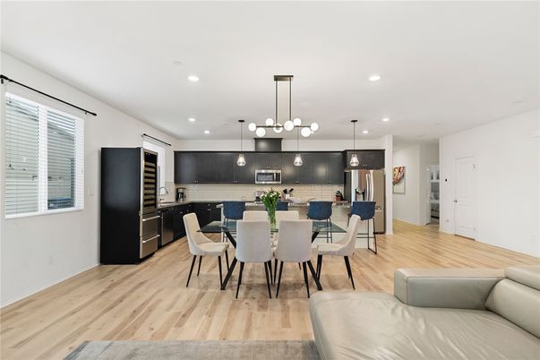Dining room, Interior, Kitchen, Pendant Lights, Recessed Lighting, Wood Texture Flooring
