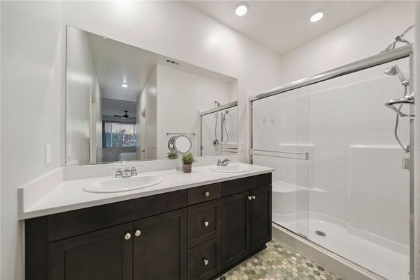 Bathroom, Dual Sink Vanities, Glass Shower, Interior, Recessed Lighting
