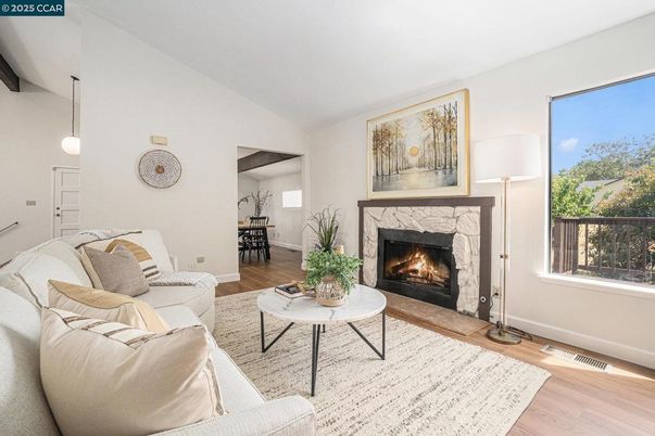 Fireplace, Interior, Living room, Pendant Lights, Wood Texture Flooring