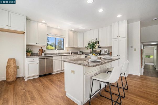 Interior, Kitchen, Recessed Lighting, Stainless Steel Appliances, Wood Texture Flooring