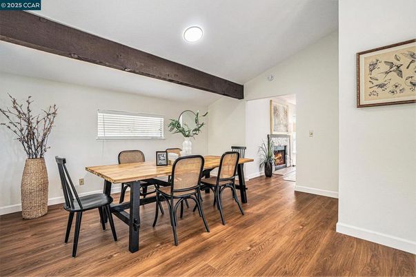 Dining room, Fireplace, Interior, Wooden Beams, Wood Texture Flooring