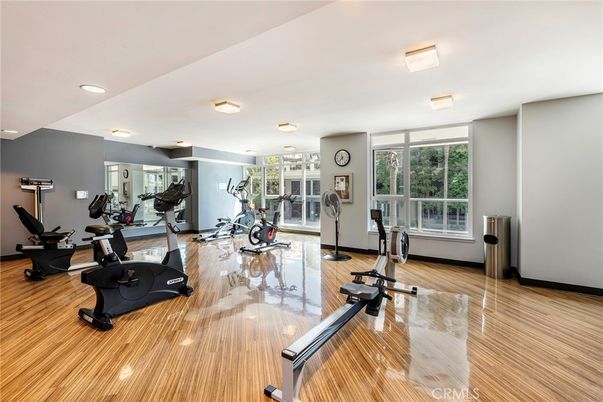 Fitness Equipment, Gym, Interior, Recessed Lighting, Wood Texture Flooring