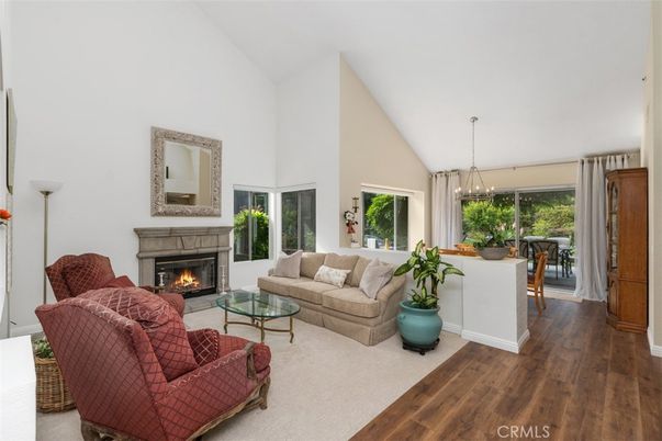 Dining room, Fireplace, Interior, Living room, Pendant Lights, Wood Texture Flooring