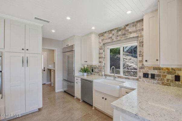 Interior, Kitchen, Recessed Lighting, Stainless Steel Appliances, Stone Walls