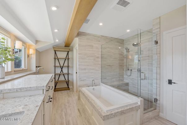 Bathroom, Dual Sink Vanities, Glass Shower, Interior, Recessed Lighting, Wood Texture Flooring