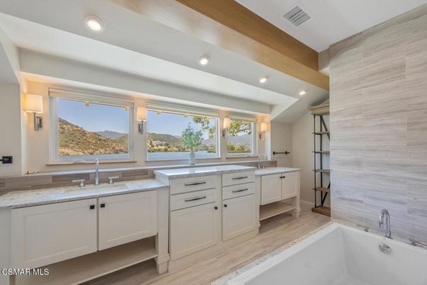 Bathroom, Dual Sink Vanities, Interior, Recessed Lighting, Wood Texture Flooring