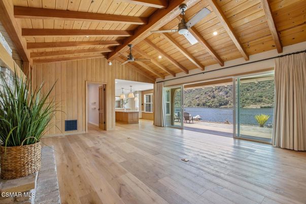 Empty room, Interior, Pendant Lights, Recessed Lighting, Water, Wooden Beams, Wooden Ceilings, Wood Texture Flooring, Wooden Walls