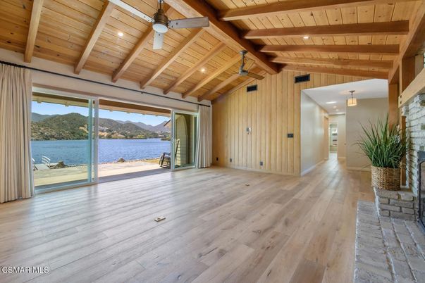 Empty room, Interior, Recessed Lighting, Water, Wooden Beams, Wooden Ceilings, Wood Texture Flooring