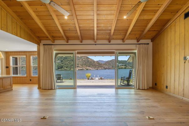 Empty room, Interior, Recessed Lighting, Water, Wooden Beams, Wooden Ceilings, Wood Texture Flooring, Wooden Walls