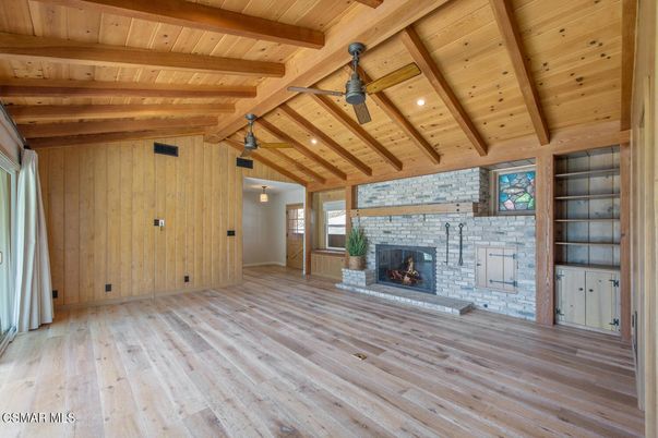 Empty room, Fireplace, Interior, Recessed Lighting, Stone Walls, Wooden Beams, Wooden Ceilings, Wood Texture Flooring, Wooden Walls