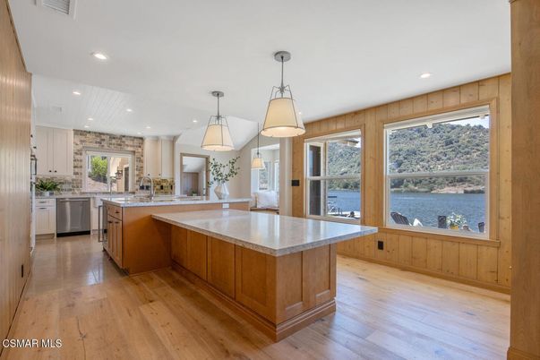 Interior, Kitchen, Pendant Lights, Recessed Lighting, Water, Wood Texture Flooring
