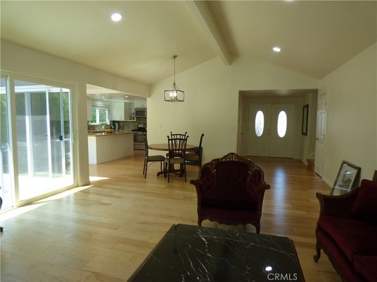 Dining room, Interior, Kitchen, Pendant Lights, Recessed Lighting, Wood Texture Flooring