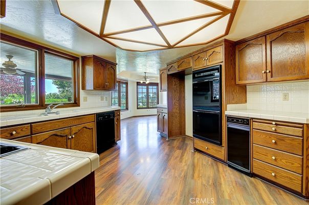 Interior, Kitchen, Tile Countertops, Wood Texture Flooring