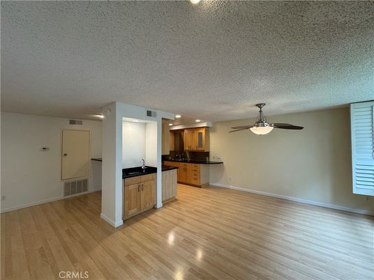 Empty room, Interior, Kitchen, Recessed Lighting, Wood Texture Flooring