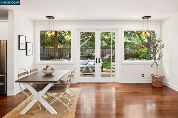 Dining room, Interior, Pendant Lights, Recessed Lighting, Wood Texture Flooring